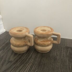 Ceramic Cream and Tan Candle Holders - Set of 2